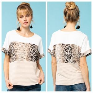 solid top, snake print middle & stripe bottom